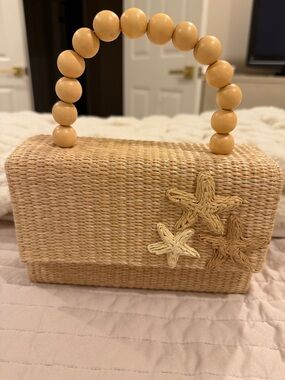 Tommy Bahama Natural Straw Box Bag with Beaded Handle